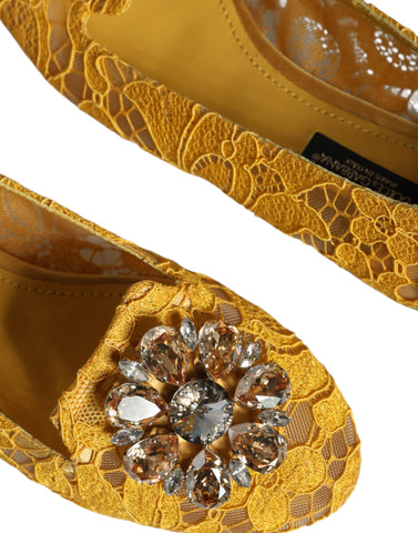 Dolce & Gabbana mustard lace crystal ballet flats with loafer style, featuring delicate lace and sparkling embellishments.