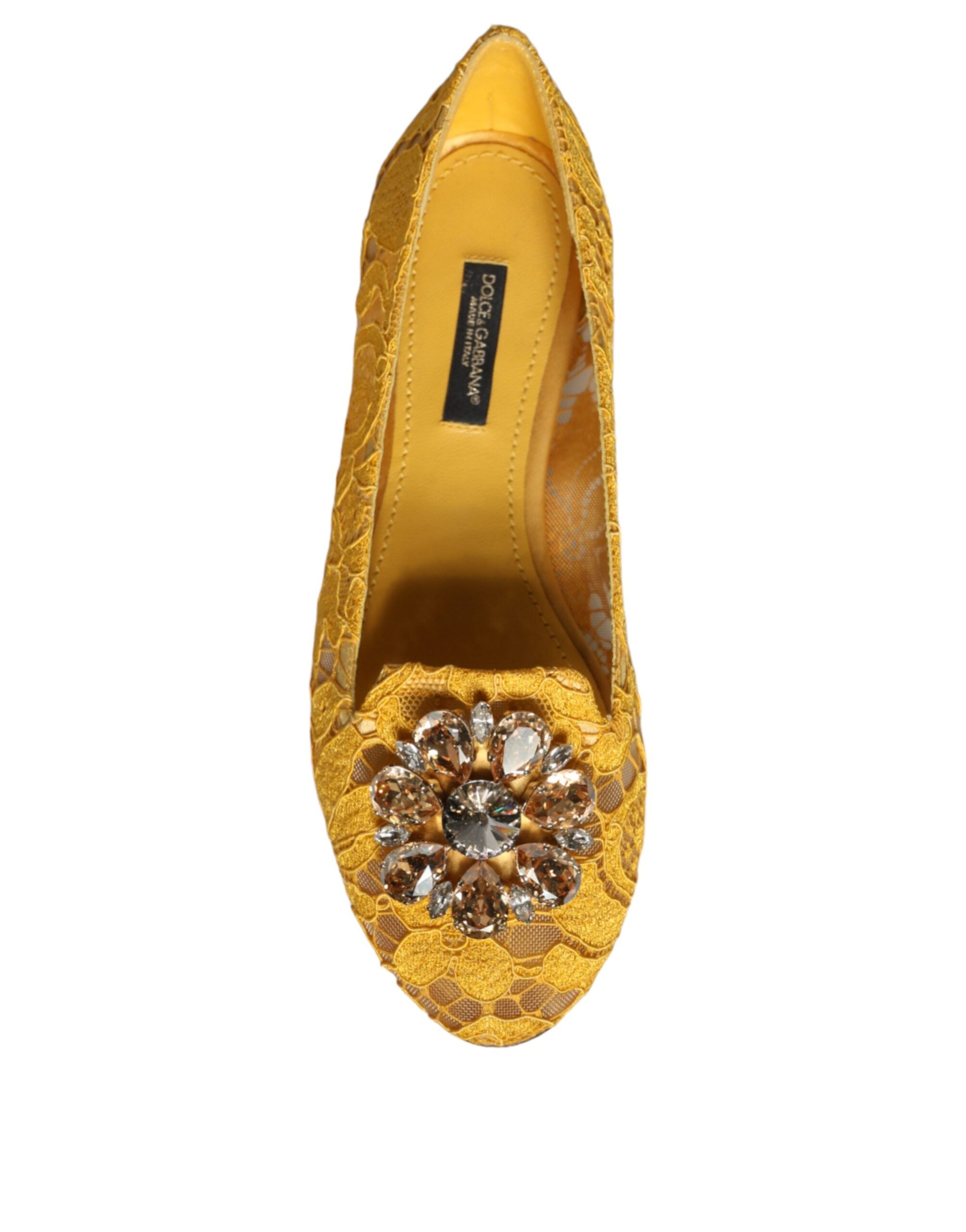 Dolce & Gabbana mustard lace ballet flats with crystal embellishments, stylish loafer-inspired shoes for women.