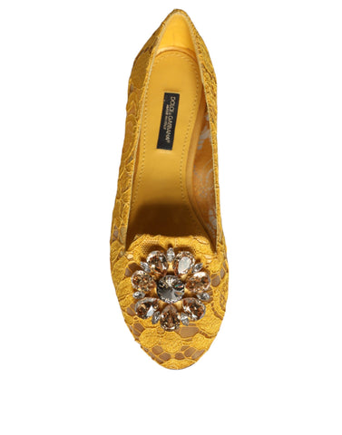 Dolce & Gabbana mustard lace ballet flats with crystal embellishments, stylish loafer-inspired shoes for women.