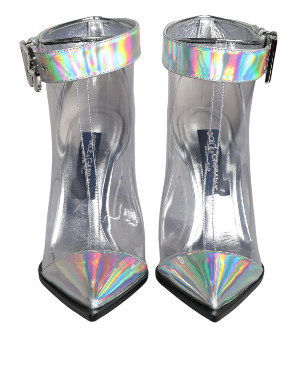 Silver iridescent PVC pointed short boots by Dolce & Gabbana with sleek design and shiny finish.