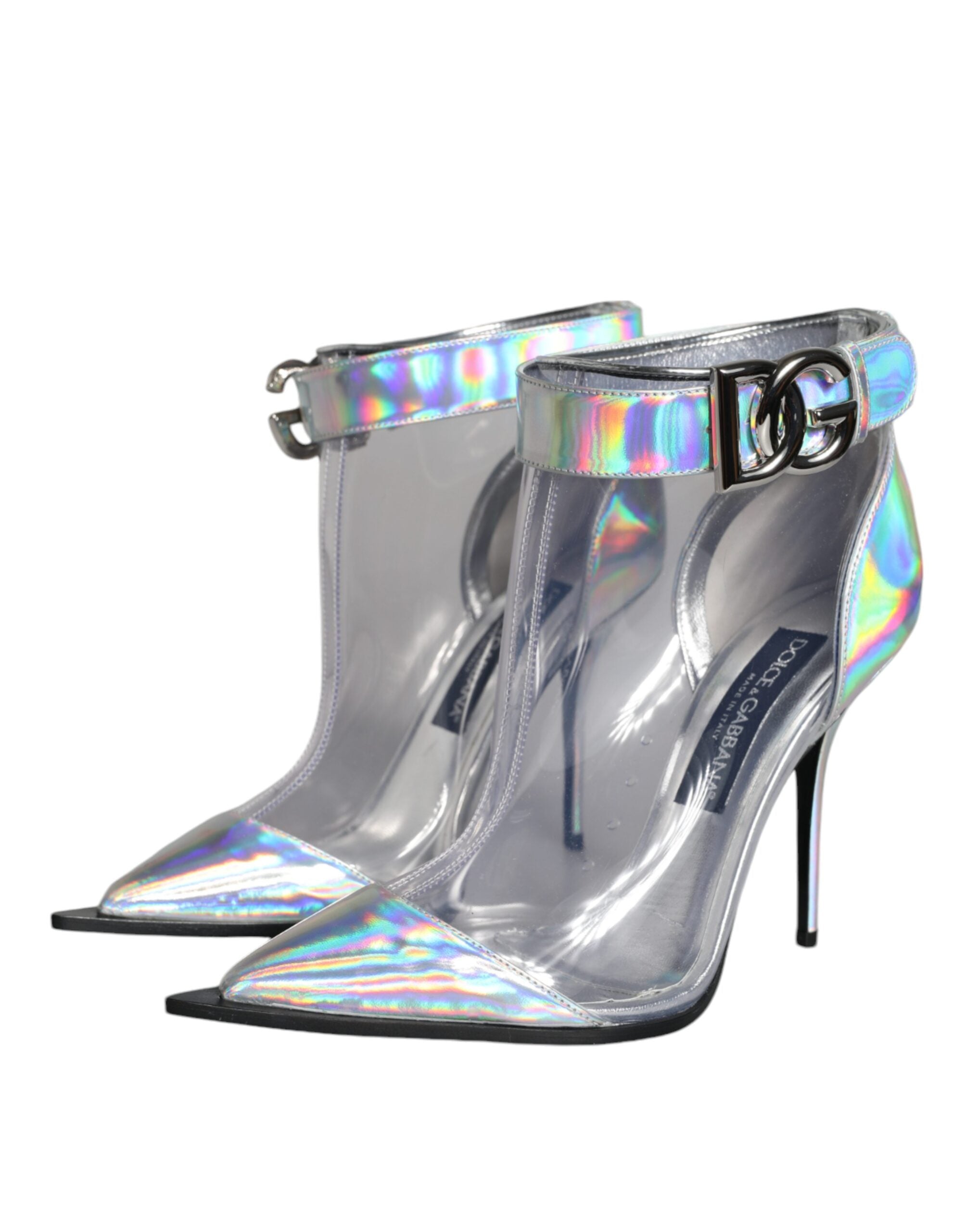 Silver iridescent PVC pointed short boots by Dolce & Gabbana featuring glossy finish and sleek design.