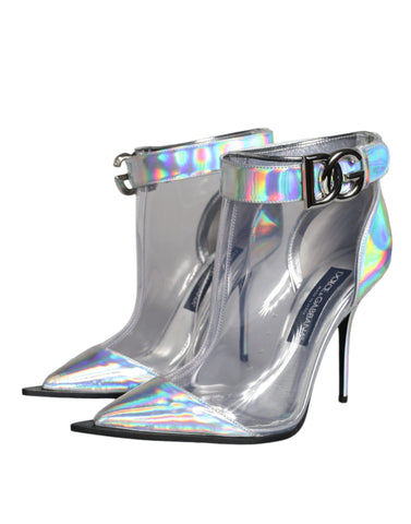 Silver iridescent PVC pointed short boots by Dolce & Gabbana featuring glossy finish and sleek design.