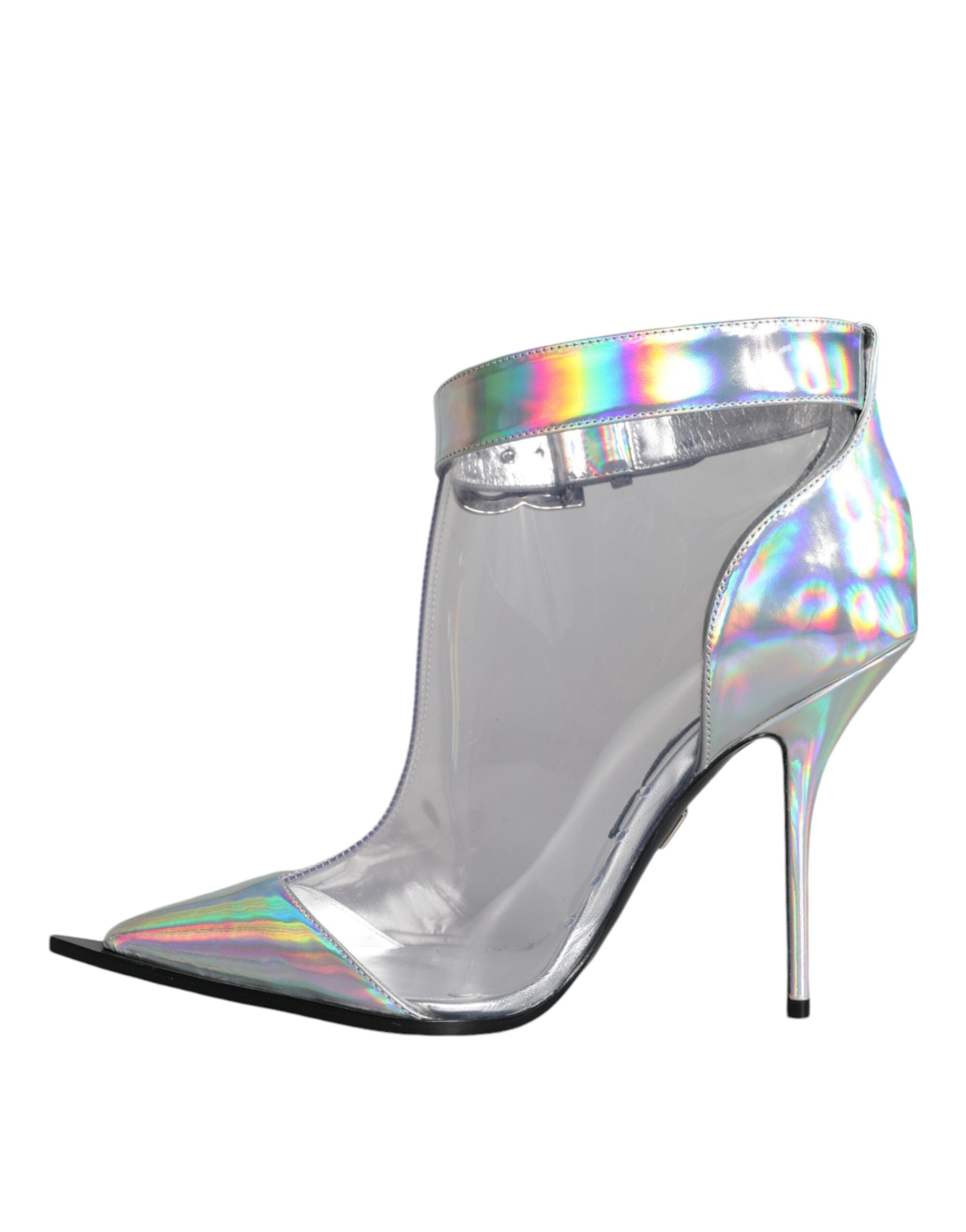 Silver iridescent PVC pointed short boots by Dolce & Gabbana, featuring a sleek glossy finish and modern design.