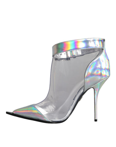 Silver iridescent PVC pointed short boots by Dolce & Gabbana, featuring a sleek glossy finish and modern design.