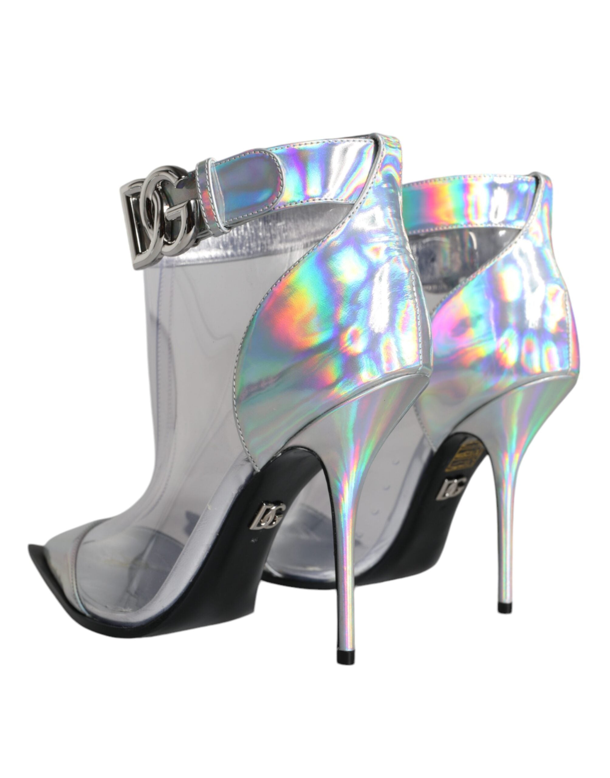 Silver iridescent PVC pointed short boots by Dolce & Gabbana with sleek design and glossy finish.
