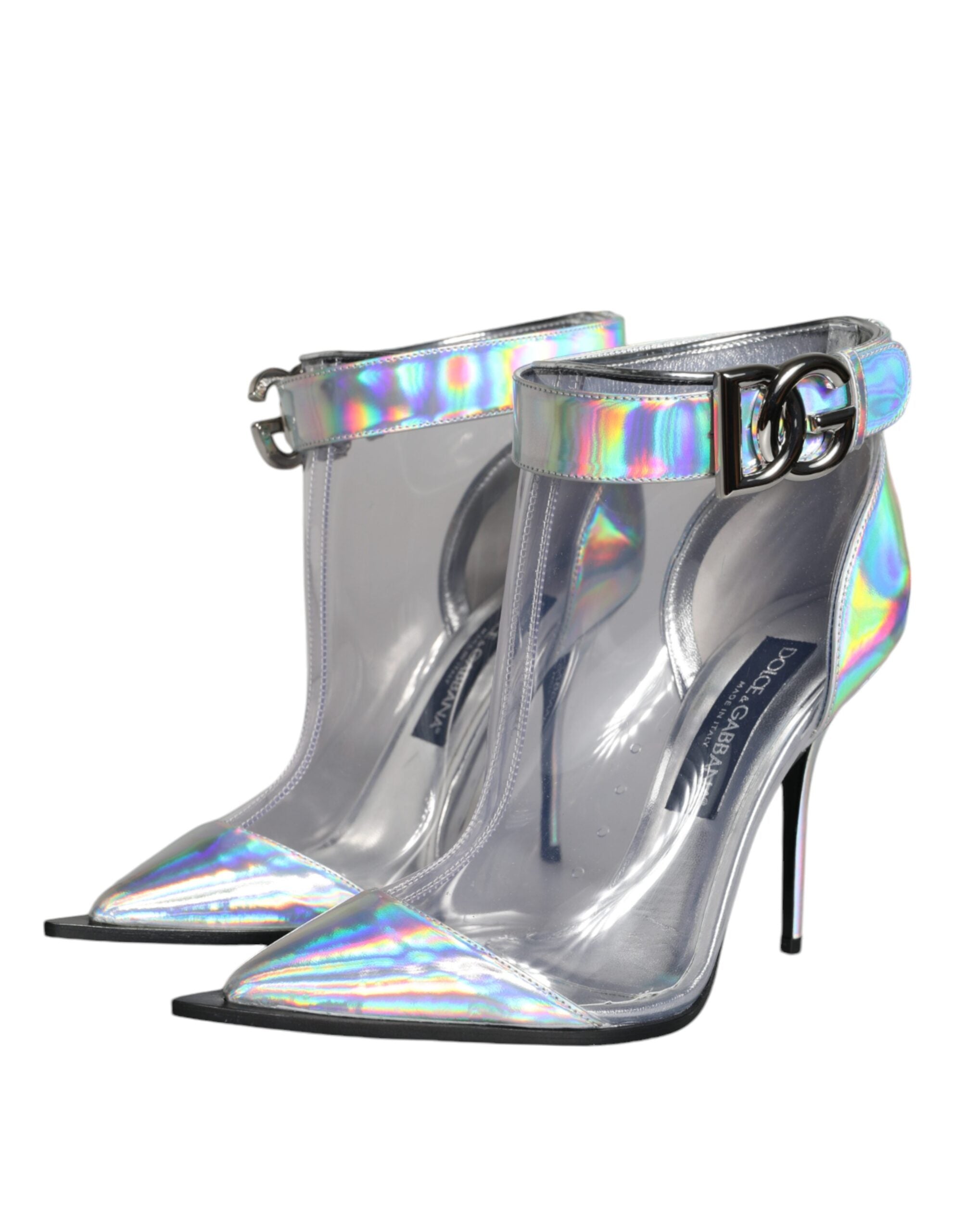 Silver iridescent PVC pointed short boots by Dolce & Gabbana with sleek design and glossy finish.