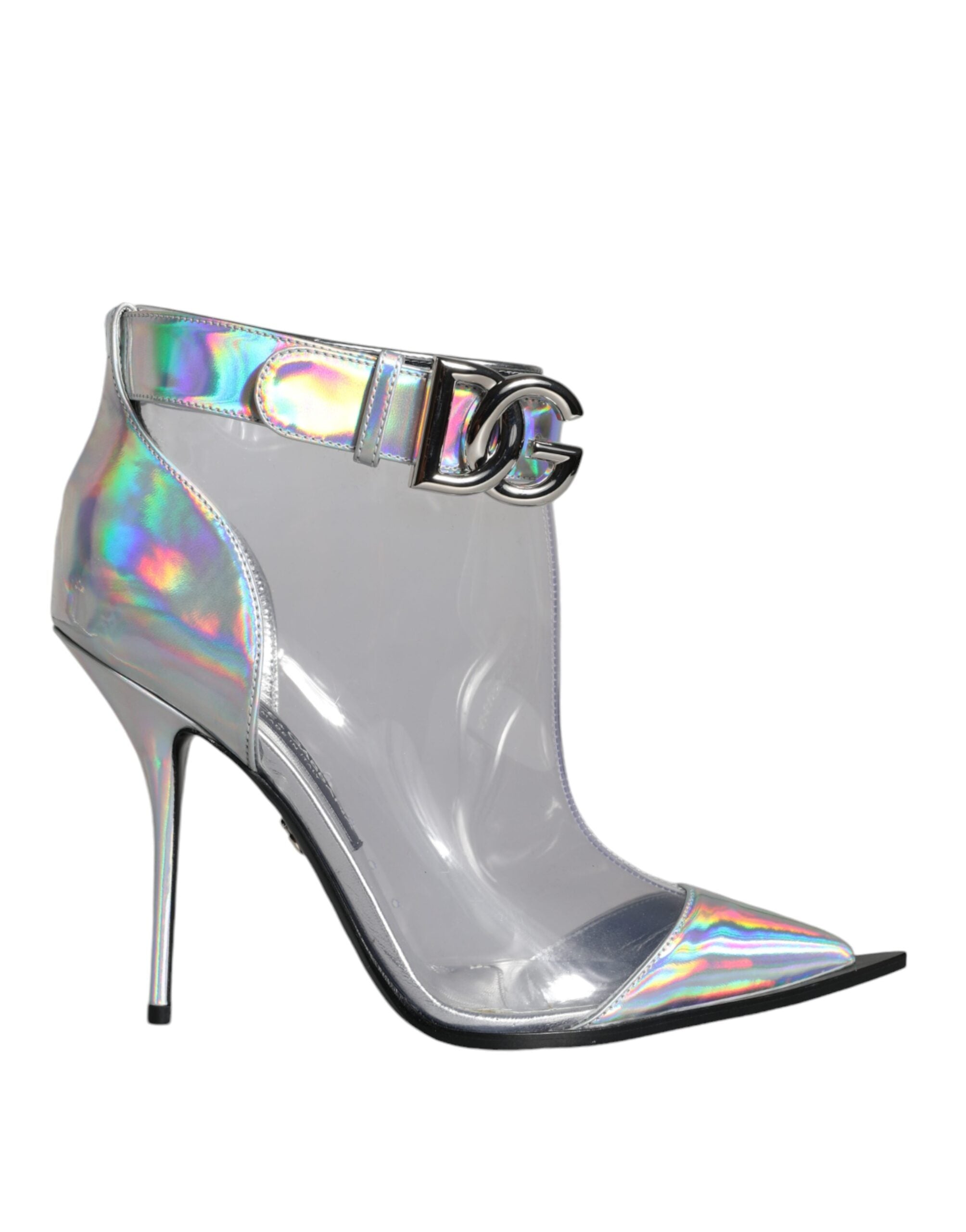 Silver iridescent PVC pointed short boots by Dolce & Gabbana featuring glossy finish and sleek design.