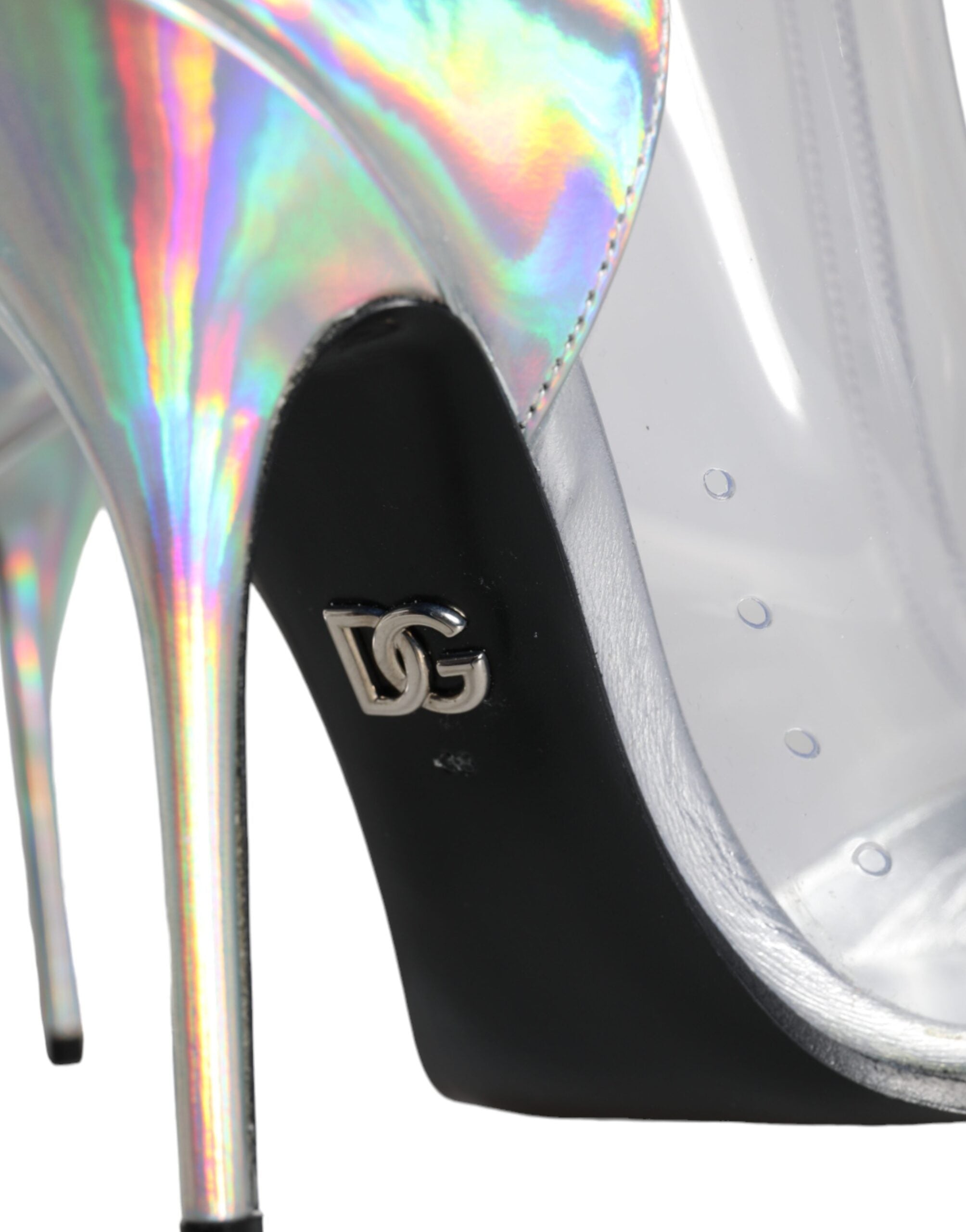 Silver iridescent PVC pointed short boots by Dolce & Gabbana, showing sleek design and glossy finish.