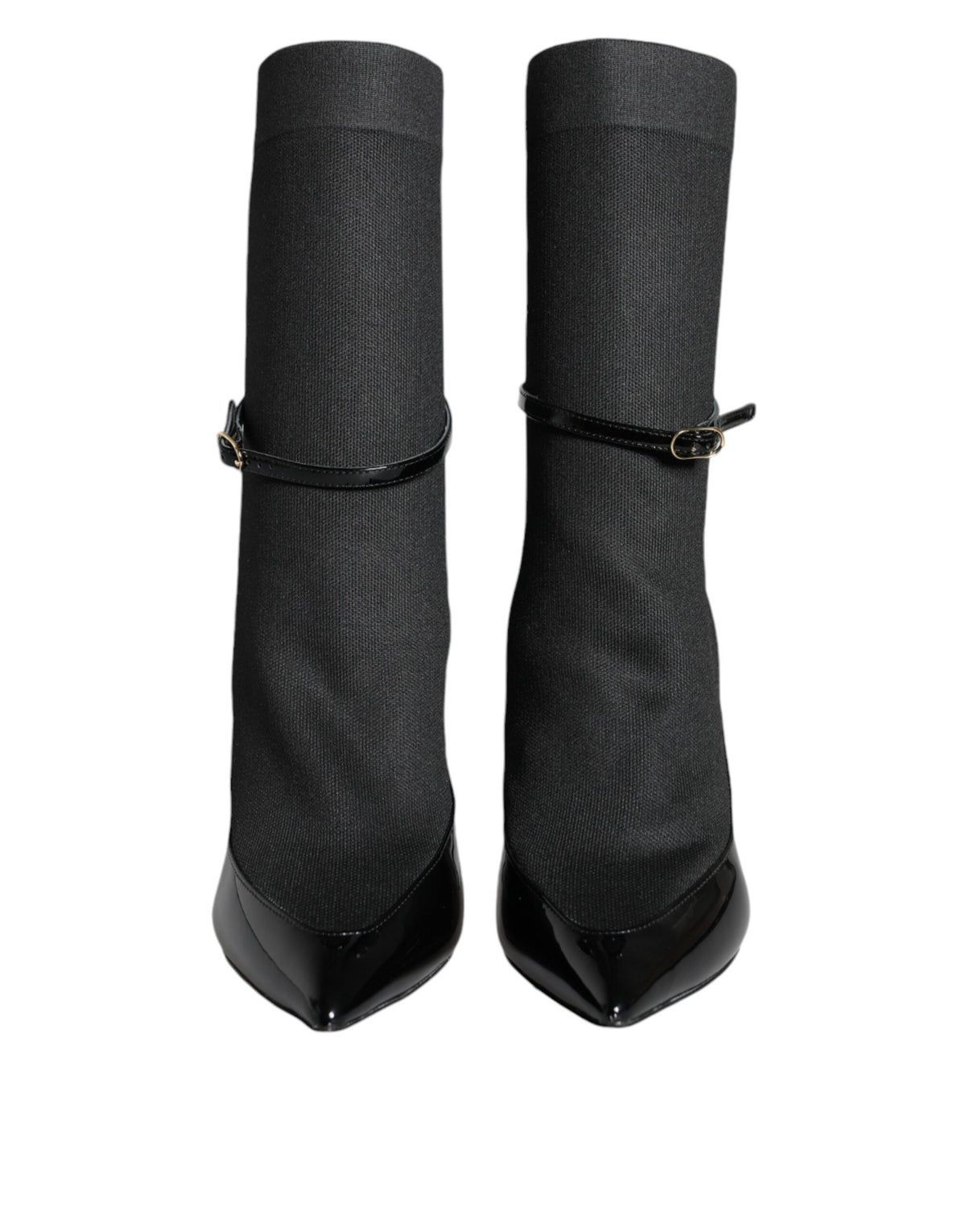 Black leather Dolce & Gabbana stiletto booties with high heels and sock-style design, showcasing sleek and elegant footwear.