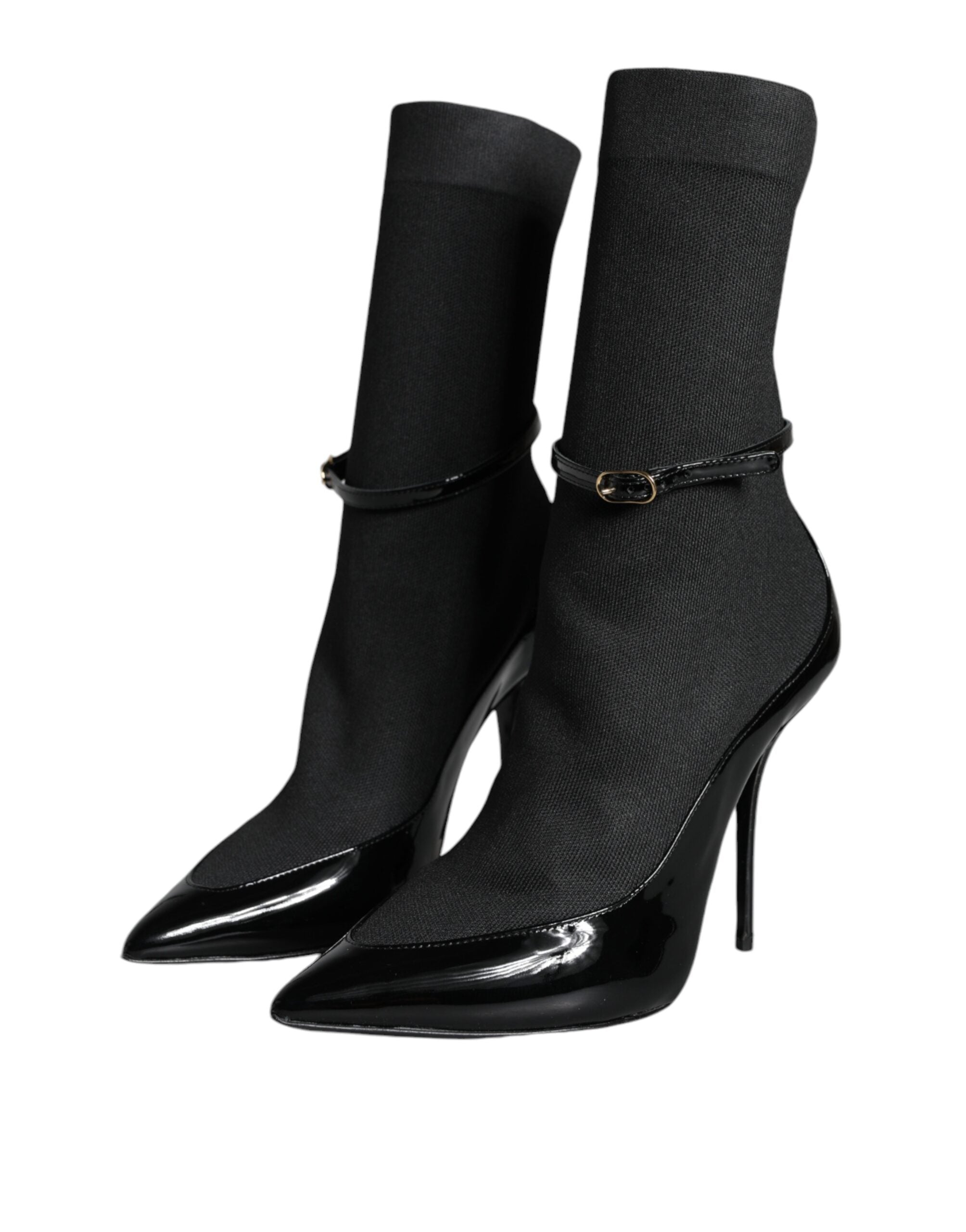 Black leather Dolce & Gabbana stiletto booties with high heels and sock-style design, stylish and sleek footwear.