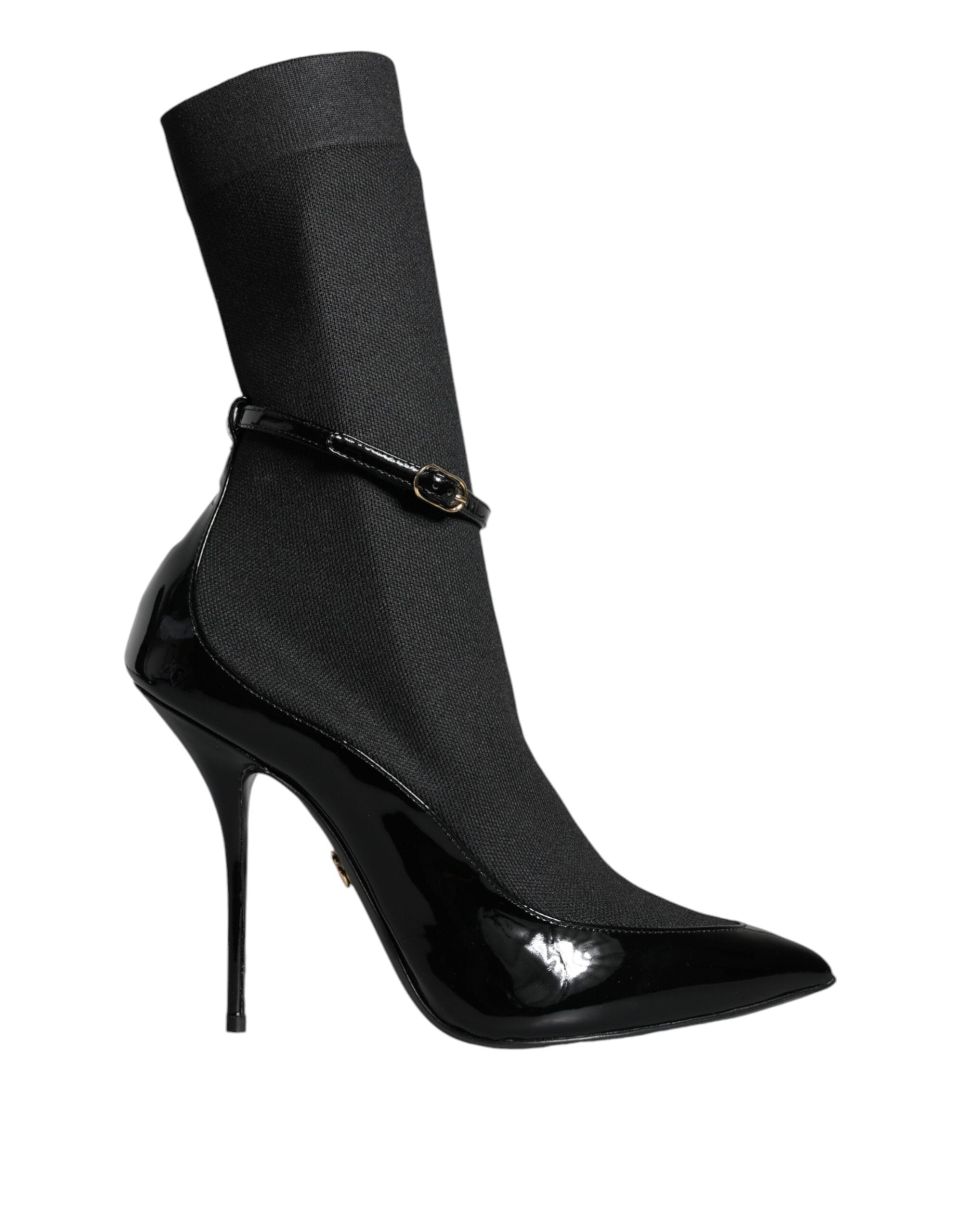 Black leather Dolce & Gabbana stiletto booties with socks, featuring pointed toes and sleek high heels.