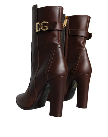 Brown leather Dolce & Gabbana mid-calf heel boots with sleek design and classic silhouette, perfect for stylish footwear.