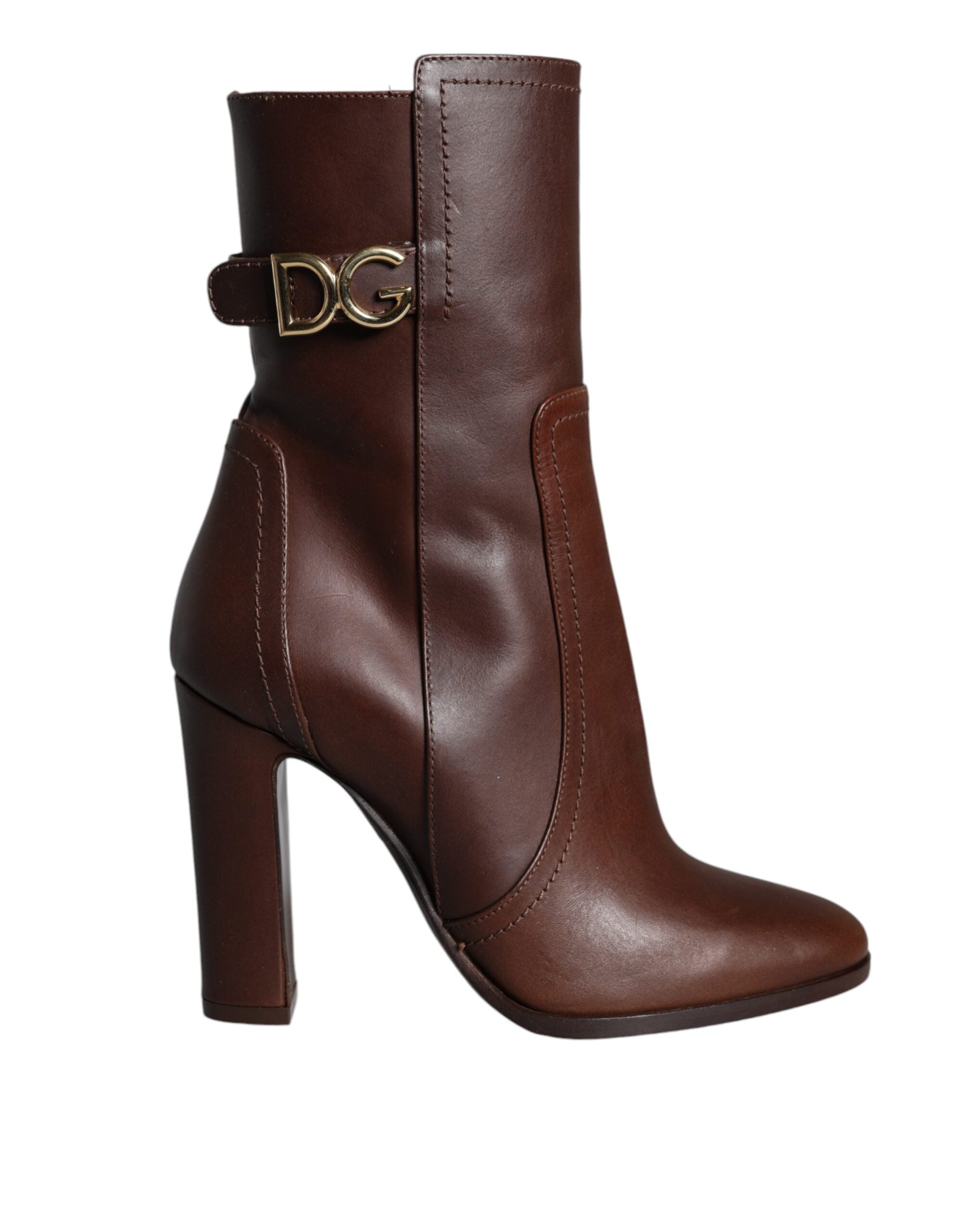 Brown leather mid-calf heels boots by Dolce & Gabbana showing pointed toe and sleek design