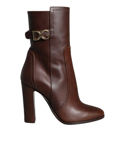Brown leather mid-calf heels boots by Dolce & Gabbana showing pointed toe and sleek design