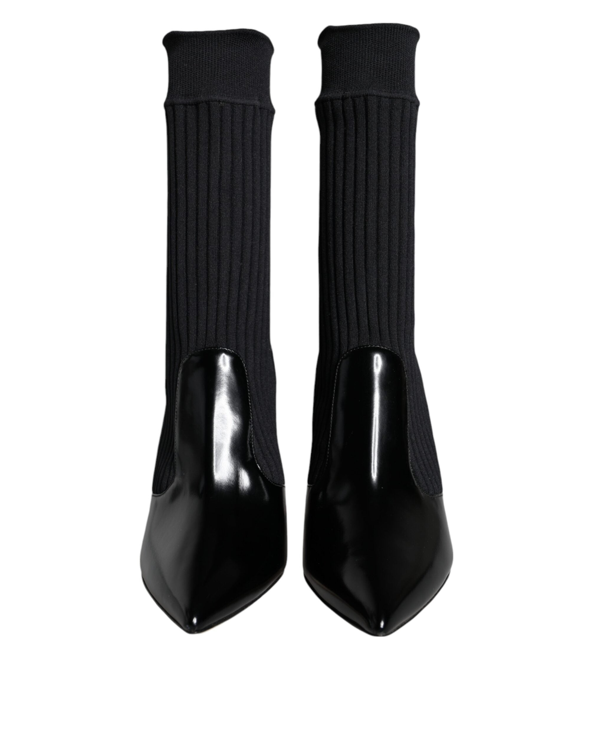 Black stretch stilettos booties with sock-like design by Dolce & Gabbana, featuring sleek pointed toes and high stiletto heels.