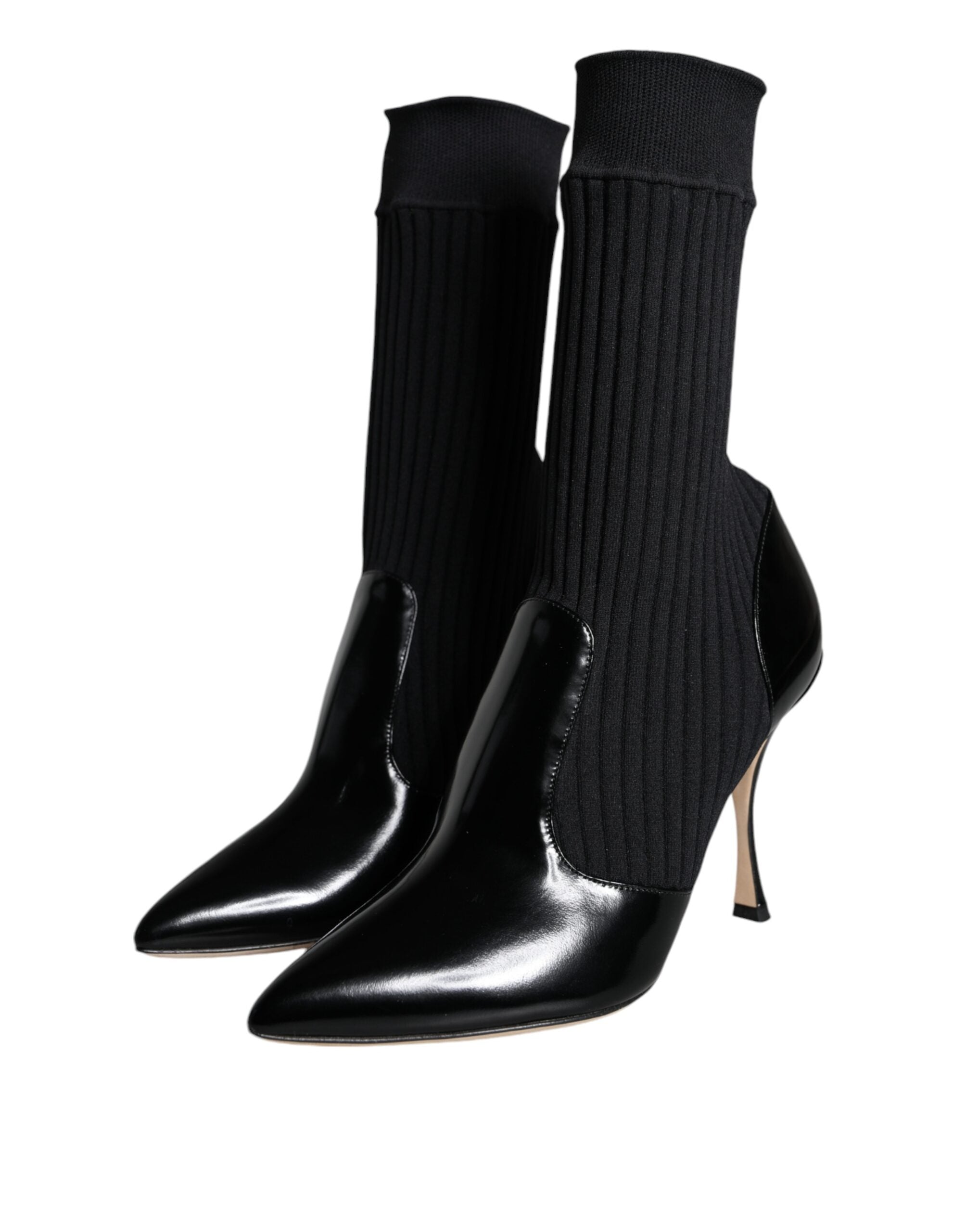 Black Dolce & Gabbana stretch stiletto booties with sock-like design, featuring sleek pointed toes and high heels.