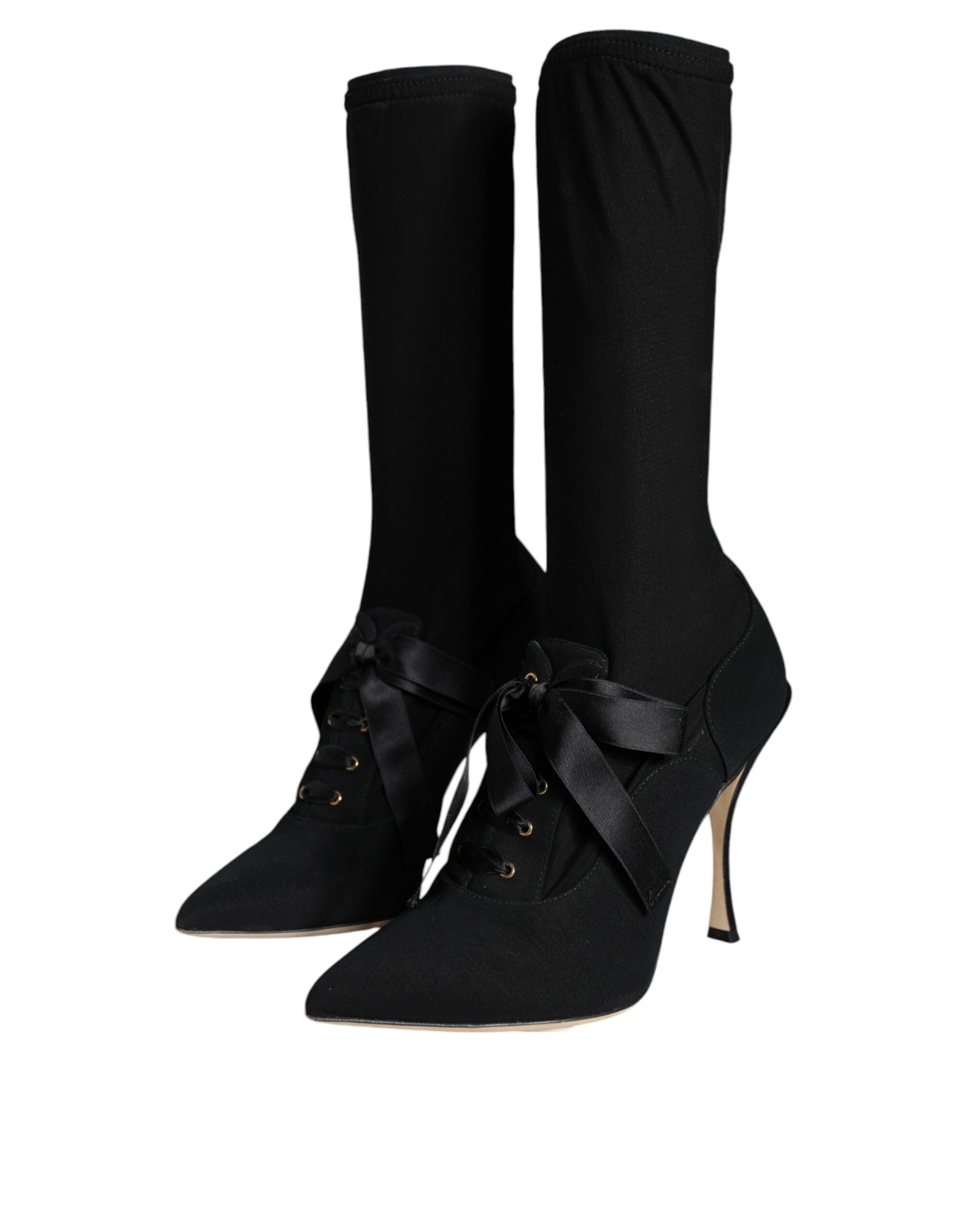 Dolce & Gabbana black stiletto heels and mid-calf boots shoes, sleek and stylish footwear with pointed toes and high heels.