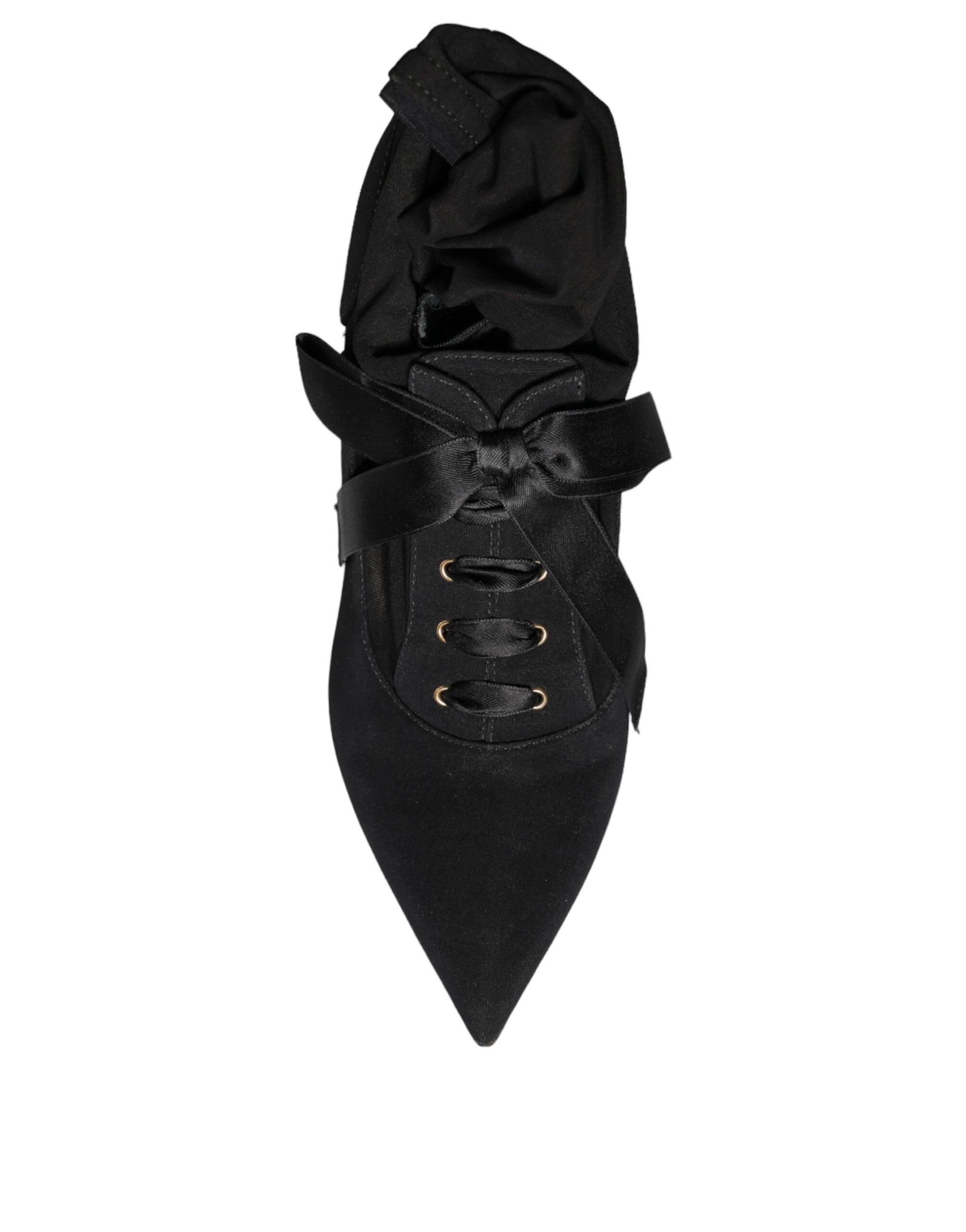 Black Dolce & Gabbana stiletto heel mid-calf boots with sleek leather finish and pointed toes, stylish footwear for women.