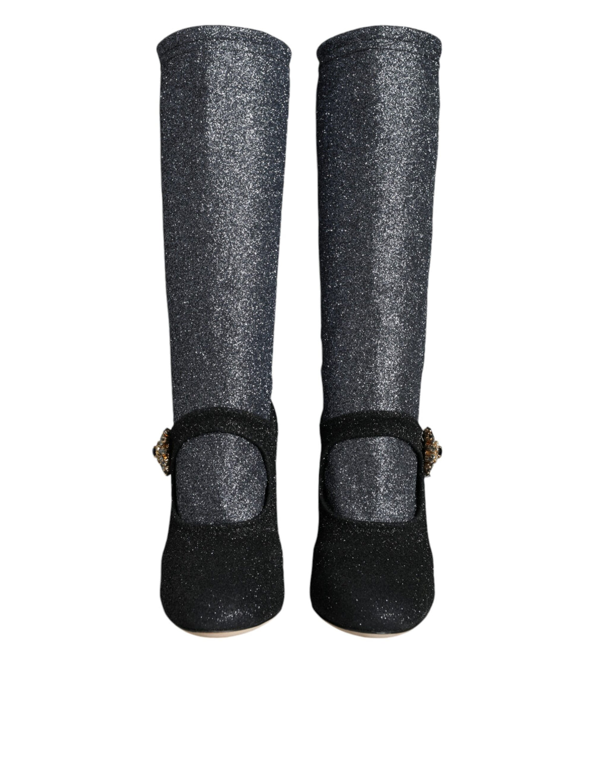 Black crystal Mary Janes booties by Dolce & Gabbana featuring a glossy finish and elegant strap design.