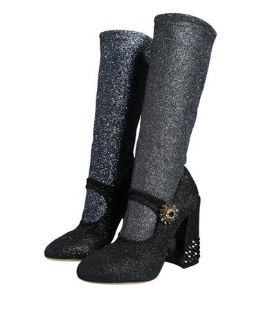 Black crystal Mary Janes booties shoes by Dolce & Gabbana with shiny crystal embellishments and classic Mary Jane strap design.