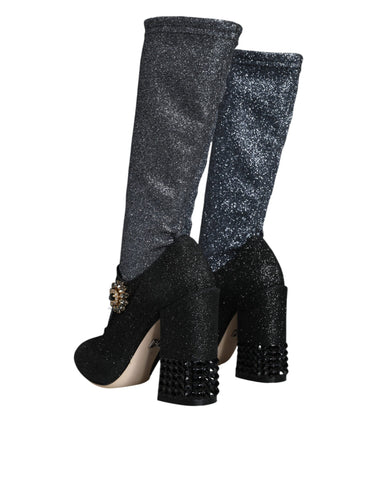 Black crystal Mary Jane booties by Dolce & Gabbana with rounded toe and chunky heel, featuring crystal embellishments.