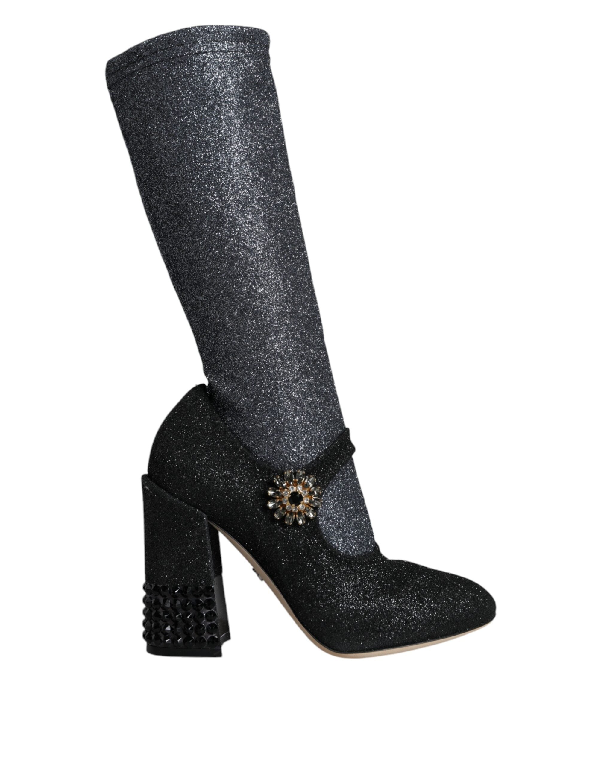 Black Crystal Mary Janes booties shoes by Dolce & Gabbana with crystal embellishments, featuring a classic Mary Jane strap and rounded toe.