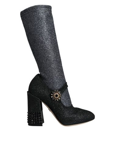 Black Crystal Mary Janes booties shoes by Dolce & Gabbana with crystal embellishments, featuring a classic Mary Jane strap and rounded toe.