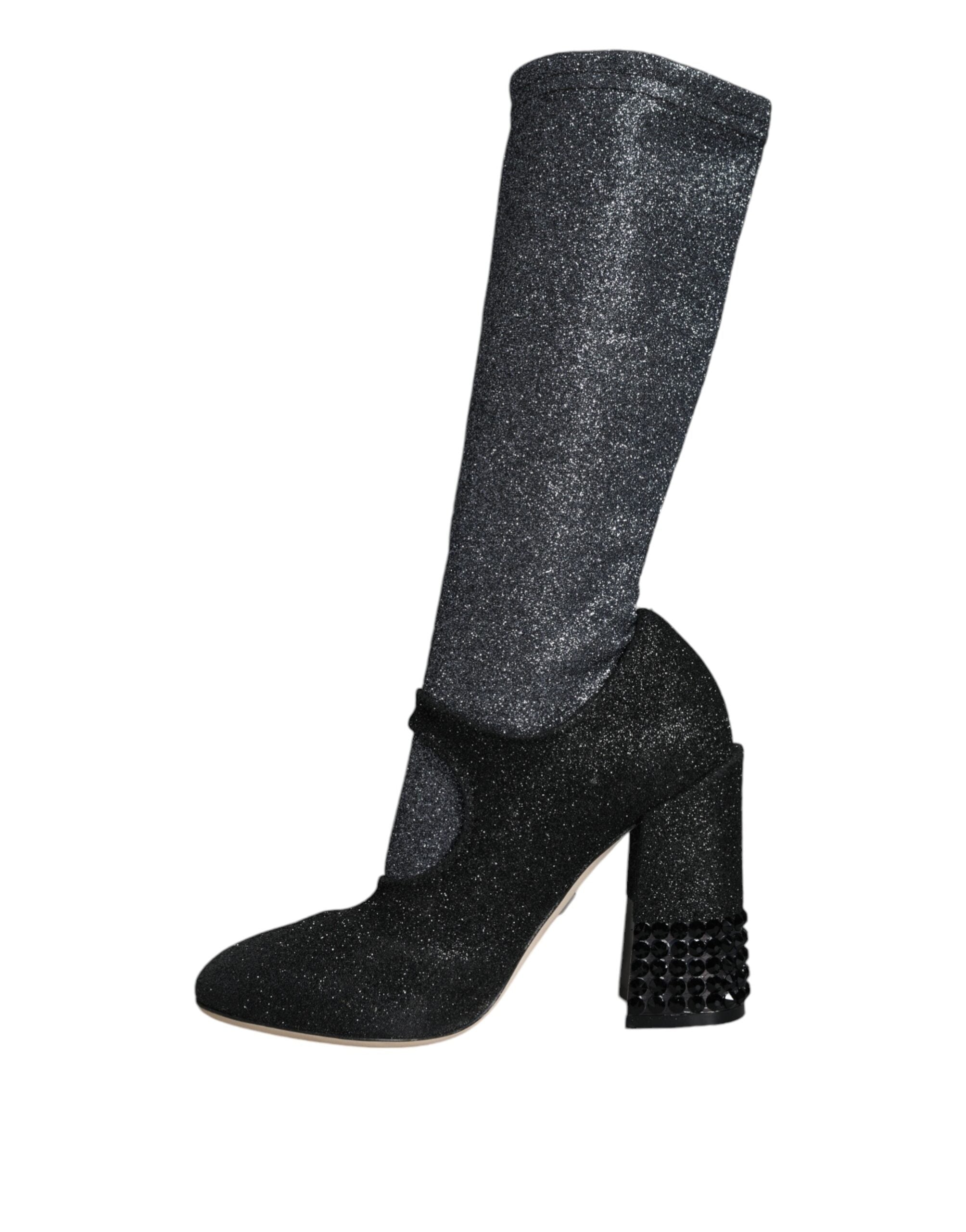 Black Crystal Mary Janes booties shoes by Dolce & Gabbana with crystal embellishments and classic Mary Jane strap design.