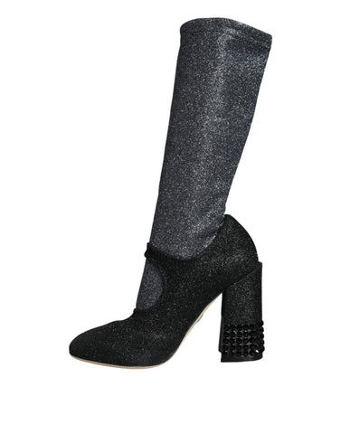 Black Crystal Mary Janes booties shoes by Dolce & Gabbana with crystal embellishments and classic Mary Jane strap design.