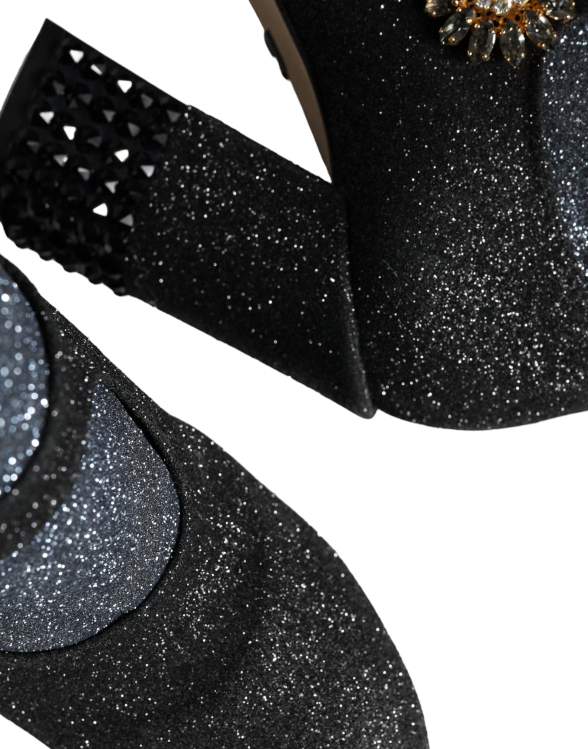 Black crystal Mary Jane booties shoes by Dolce & Gabbana with polished leather and decorative crystal embellishments.