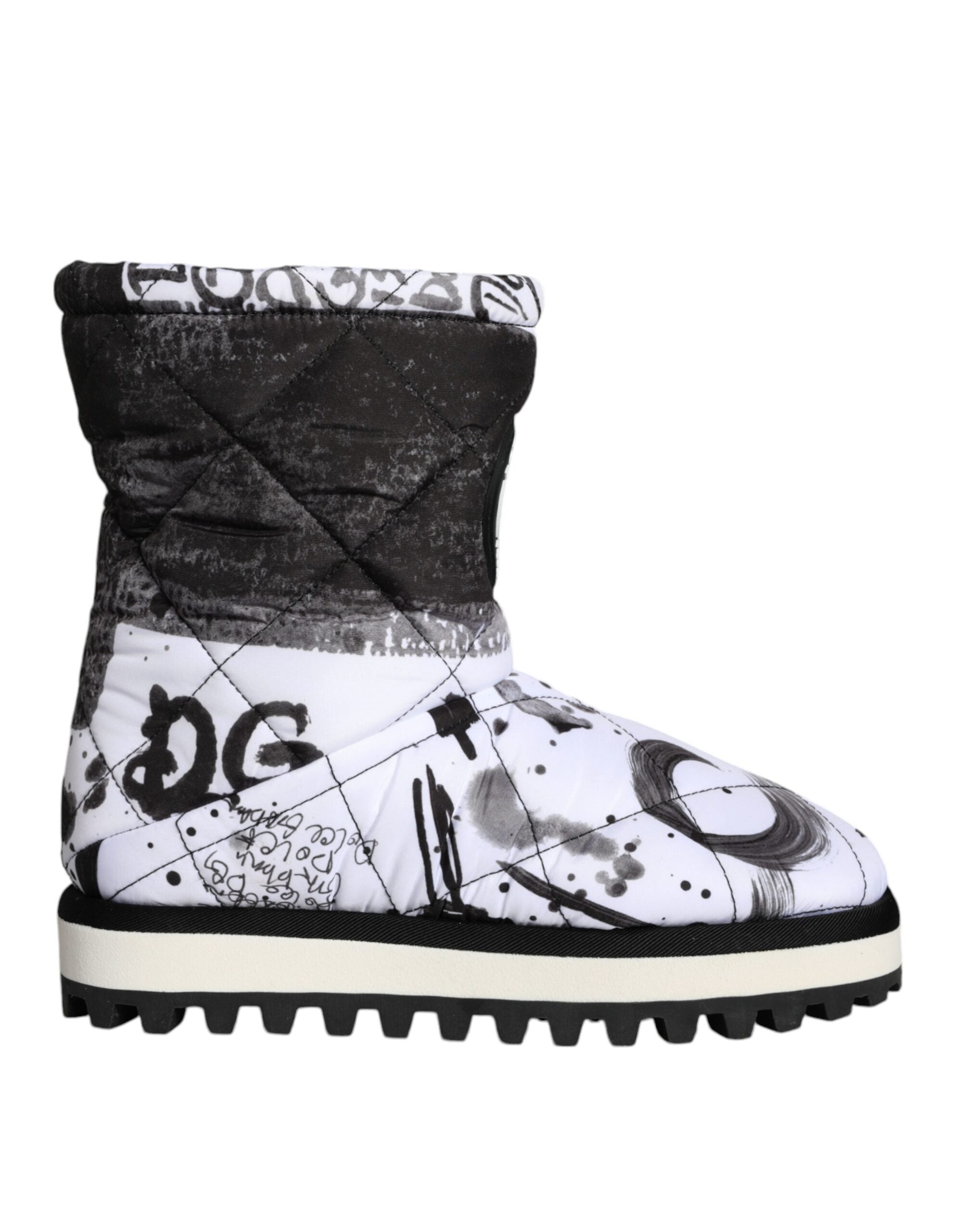White padded logo print mid-calf boots by Dolce & Gabbana with chunky heels and stylish design, shown from the side in image 4629599.