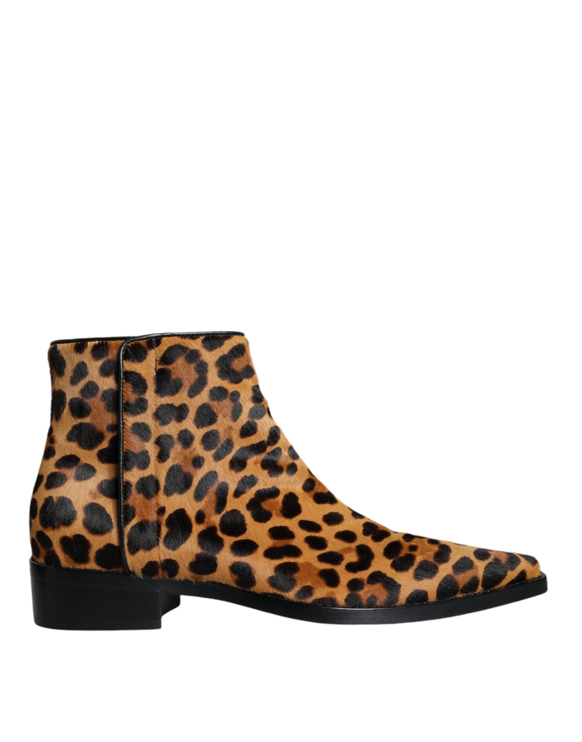 Brown leopard calf fur ankle boots by Dolce & Gabbana, featuring a stylish animal print and sleek ankle-high design.
