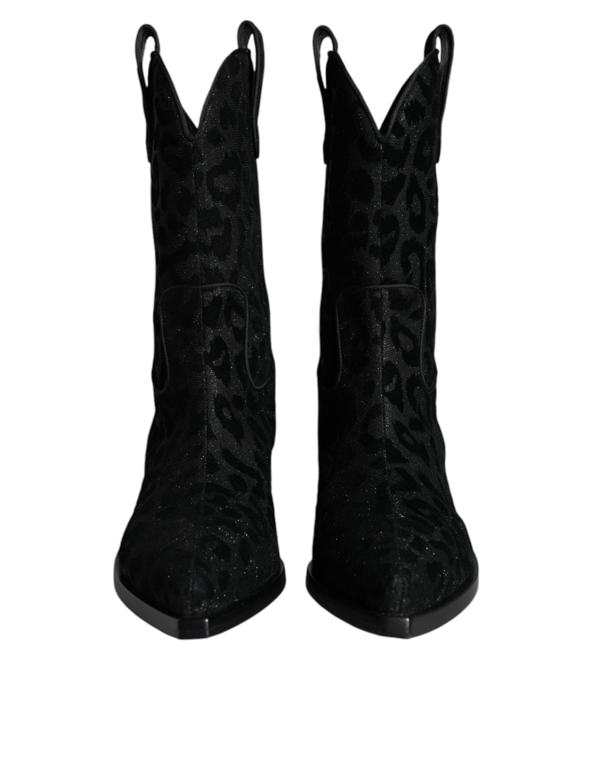 Dolce & Gabbana black and gray leopard print cowboy boots with pointed toes and Western-style heel.
