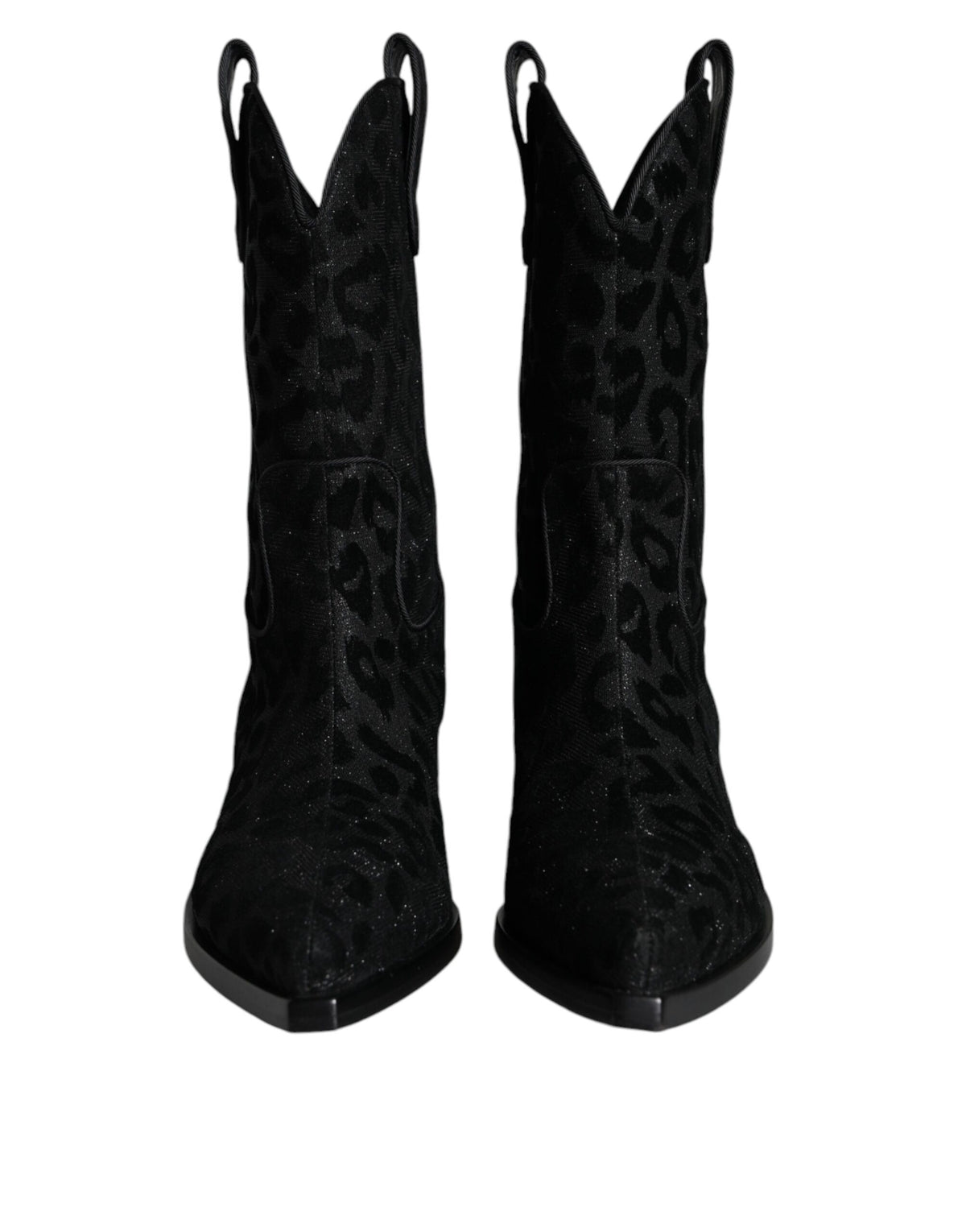 Dolce & Gabbana black and gray leopard print cowboy boots with pointed toes and Western-style heel.