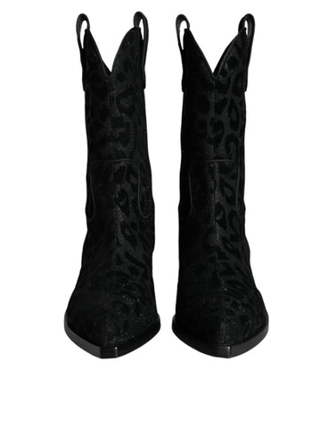 Dolce & Gabbana black and gray leopard print cowboy boots with pointed toes and Western-style heel.
