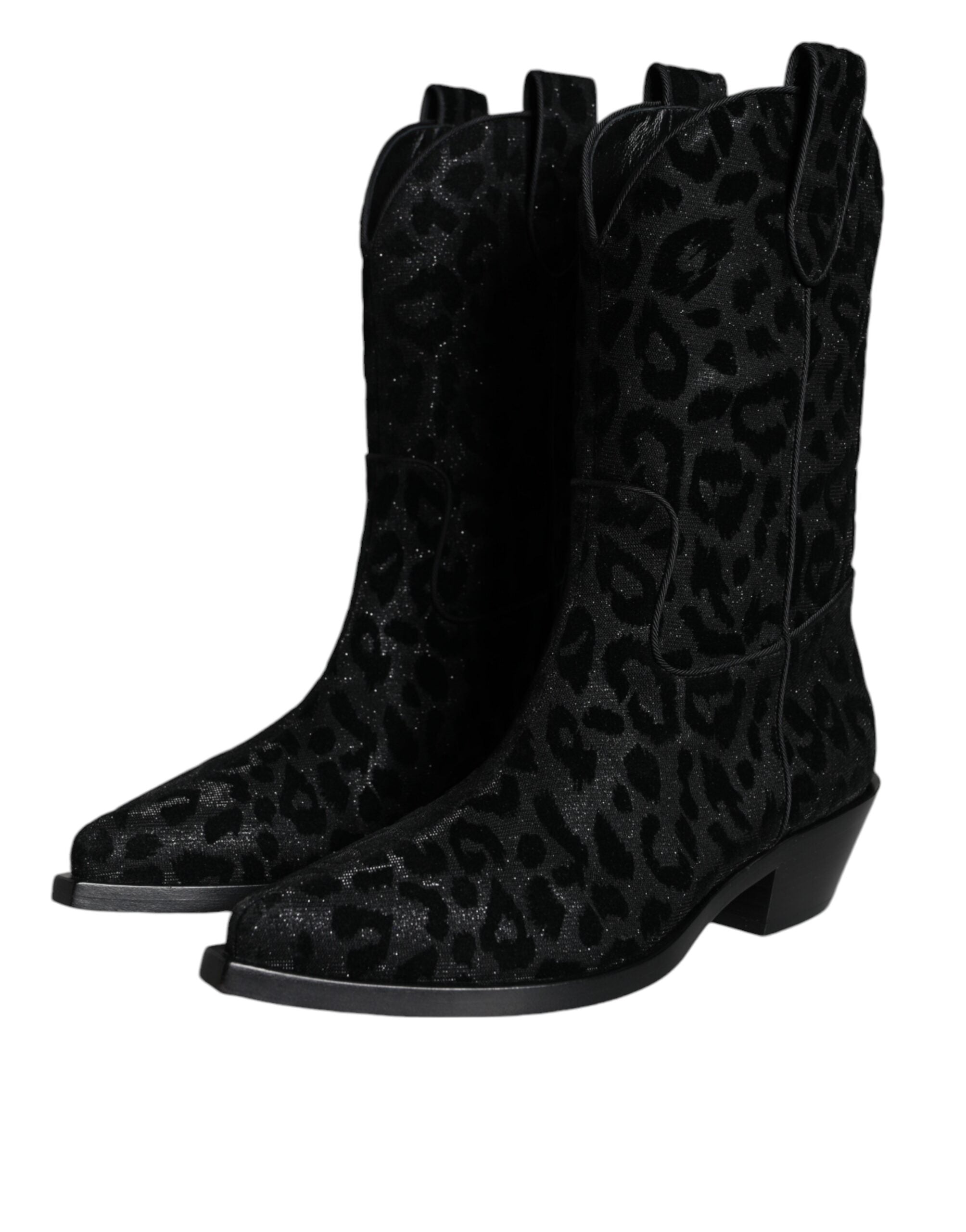Black and gray leopard print cowboy boots by Dolce & Gabbana with pointed toes and western-style design.