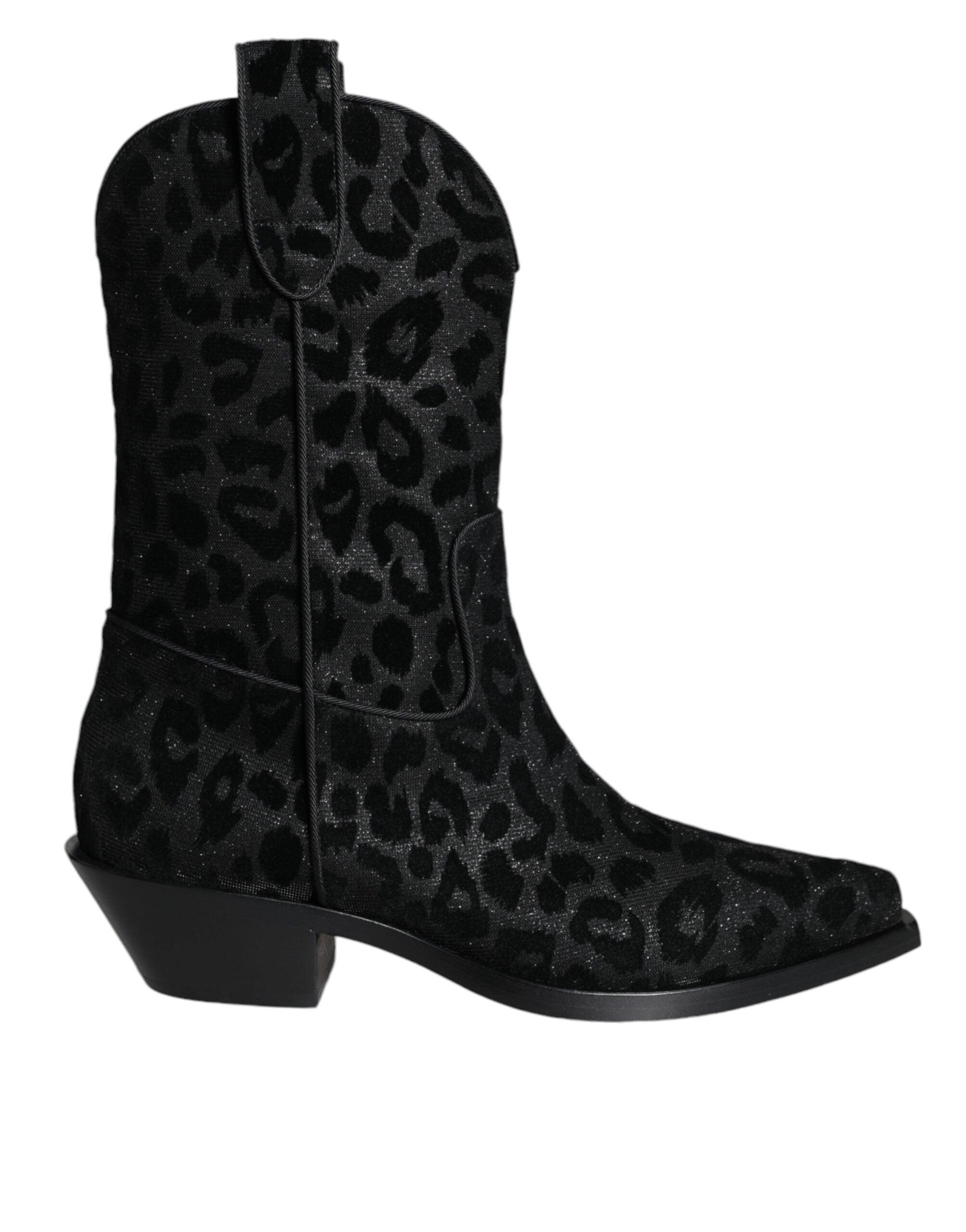 Dolce & Gabbana black and gray leopard cowboy boots with pointed toes and Western-style stitching, stylish and bold footwear.