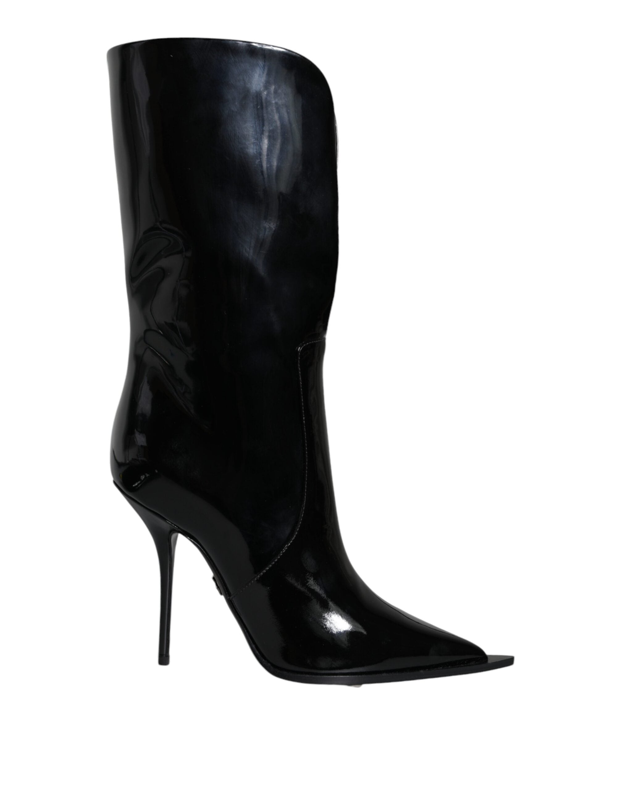 Black patent leather mid-calf boots by Dolce & Gabbana, featuring sleek design and pointed toes.