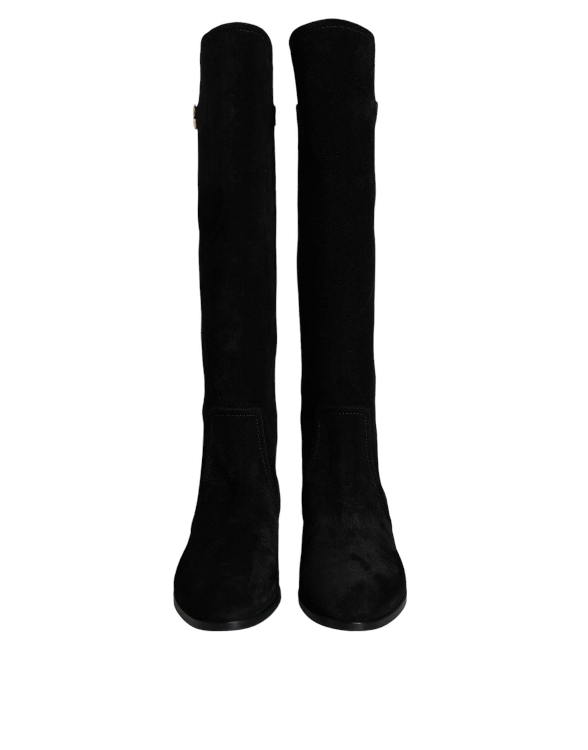 Black suede leather knee-high boots by Dolce & Gabbana, featuring sleek design and tall heel.