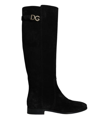 Black suede leather knee-high boots by Dolce & Gabbana, featuring a sleek design and pointed toes.