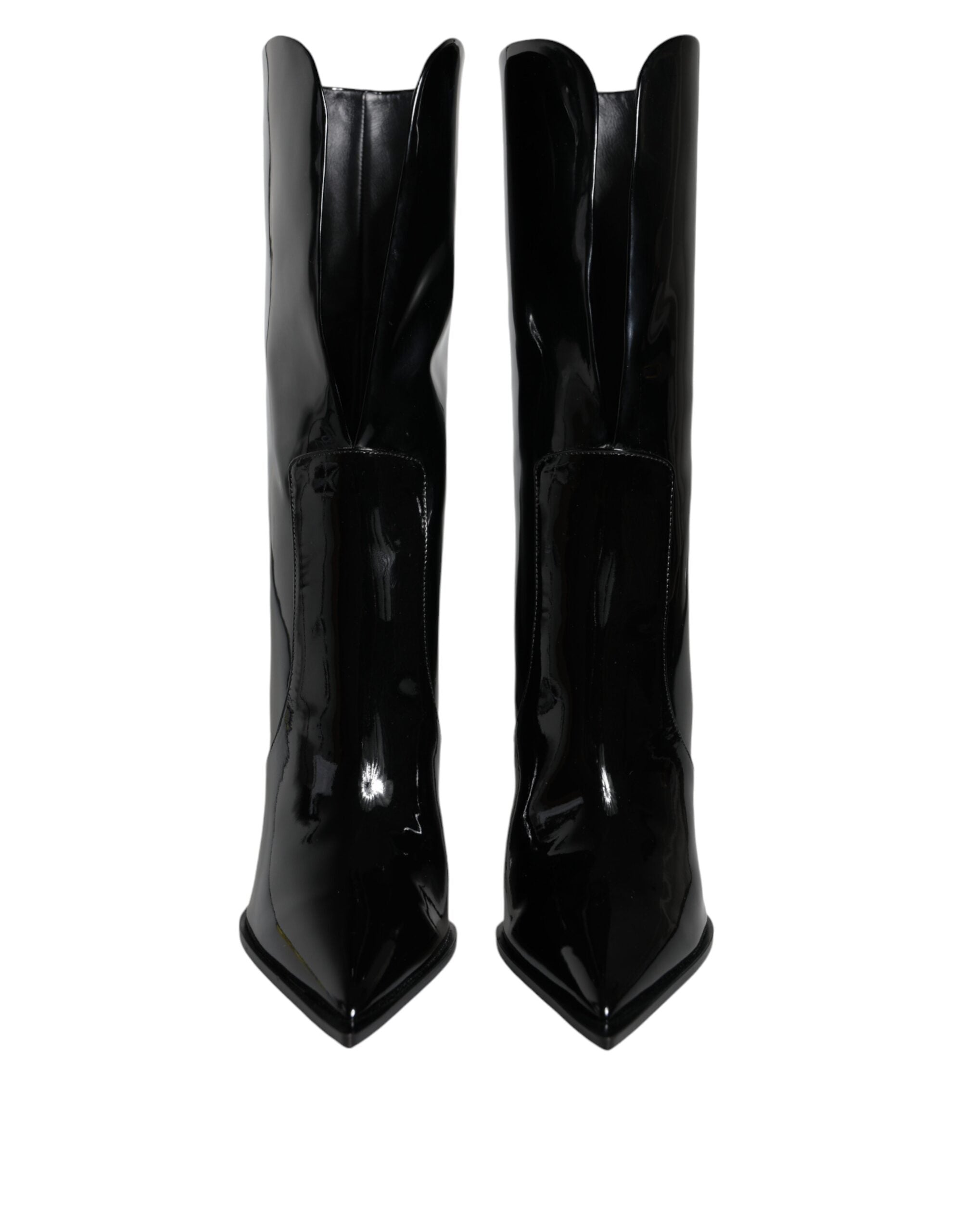 Black patent leather mid calf boots by Dolce & Gabbana, stylish footwear with sleek shiny finish and classic design.