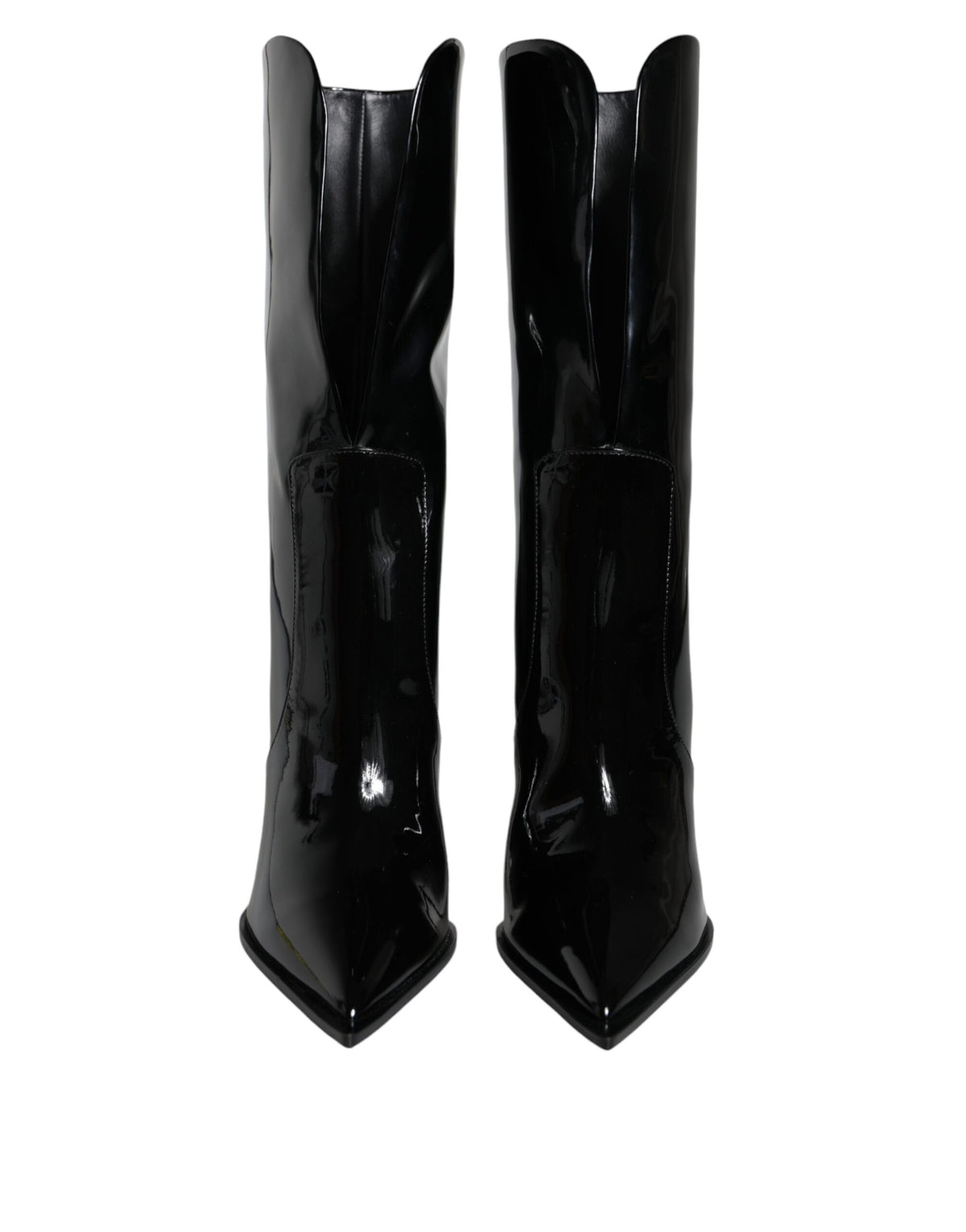 Black patent leather mid calf boots by Dolce & Gabbana, stylish footwear with sleek shiny finish and classic design.