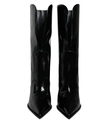 Black patent leather mid calf boots by Dolce & Gabbana, stylish footwear with sleek shiny finish and classic design.