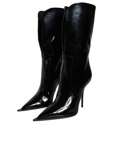 Black patent leather mid-calf boots by Dolce & Gabbana featuring sleek design and sturdy heel for stylish footwear.