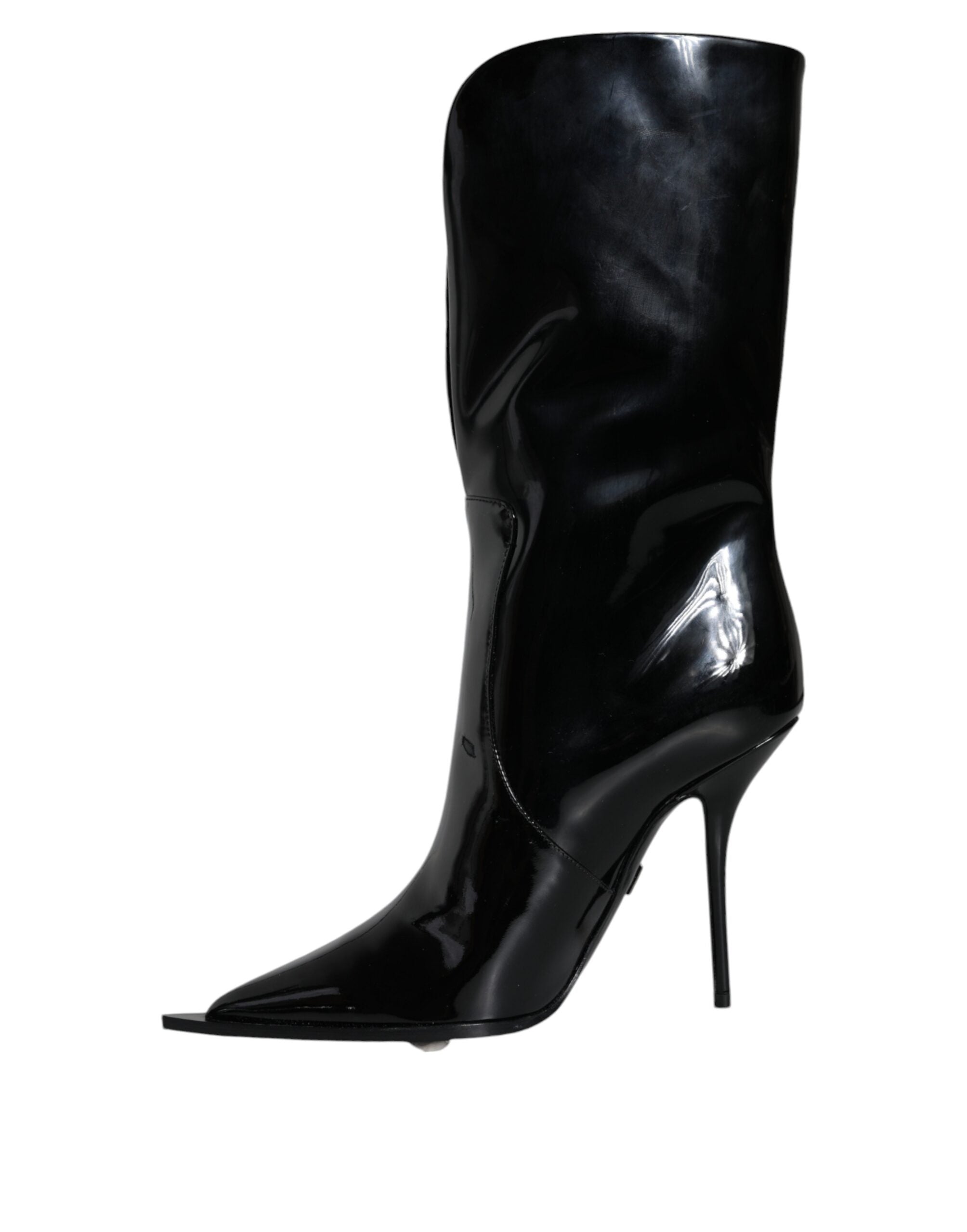 Black patent leather mid calf boots by Dolce & Gabbana, stylish shoes with sleek finish and classic design.