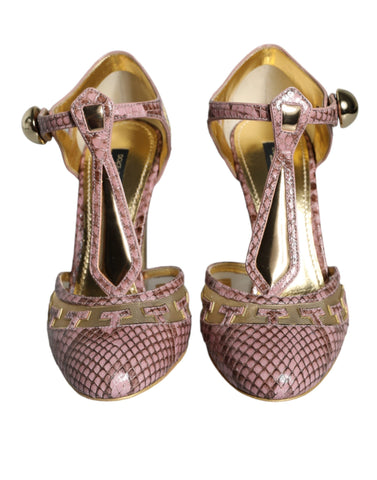 Pink gold leather T-strap pumps by Dolce & Gabbana, stylish slip-on shoes with elegant design and comfortable heel.