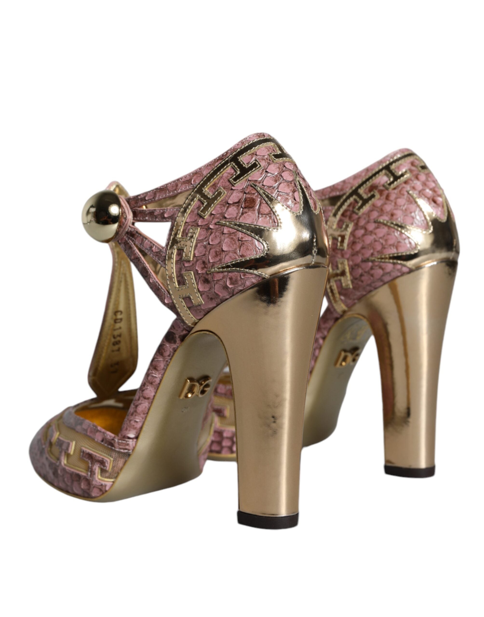 Dolce & Gabbana pink gold leather T-strap pumps with sleek design and stylish heel, perfect for elegant occasions.