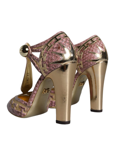 Dolce & Gabbana pink gold leather T-strap pumps with sleek design and stylish heel, perfect for elegant occasions.