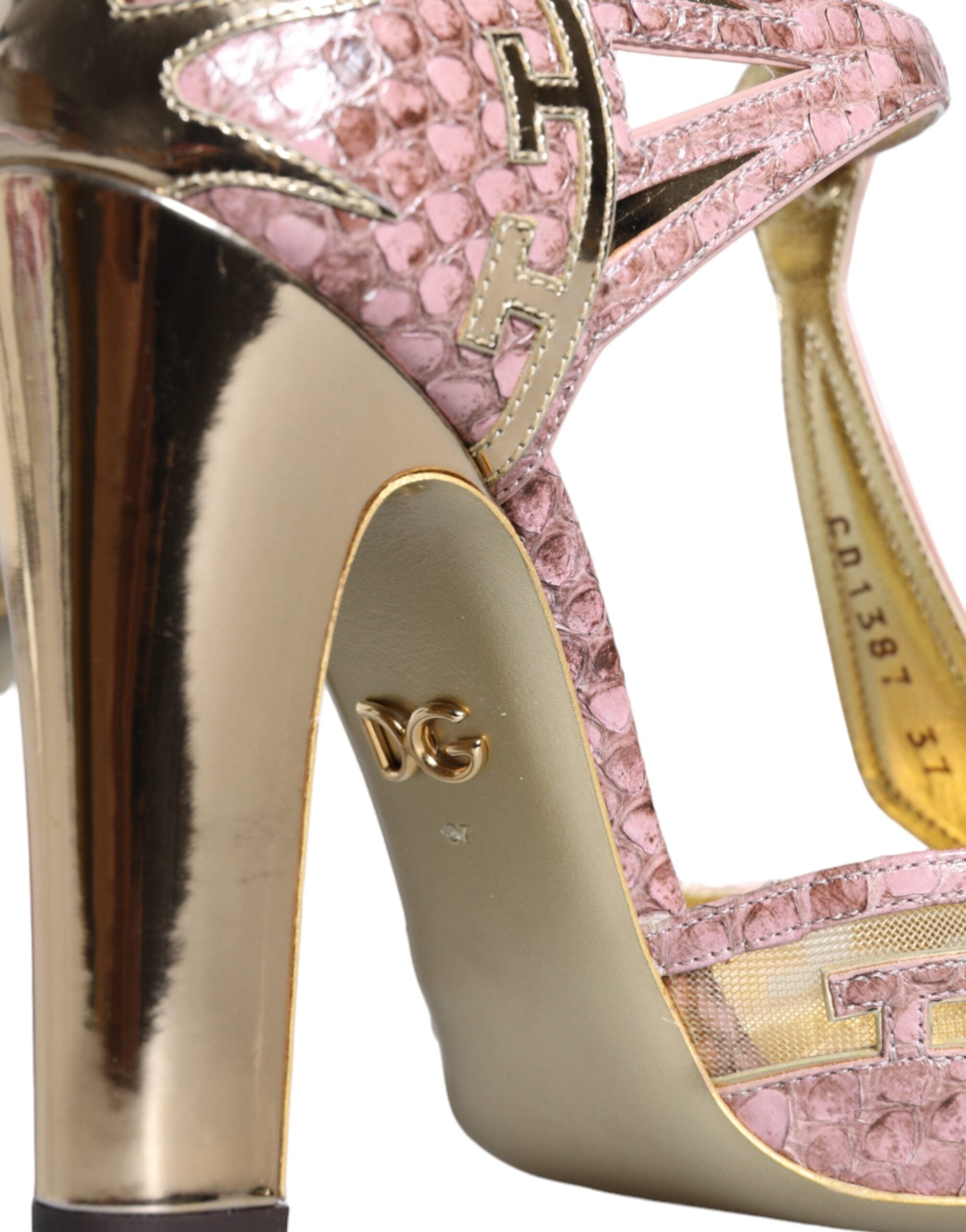 Pink gold leather T-strap pumps by Dolce & Gabbana, stylish women's sandals with elegant design and comfortable heel.