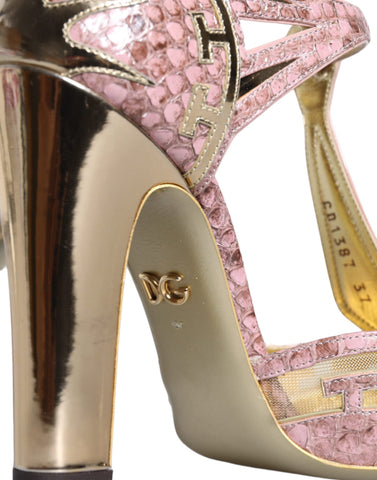 Pink gold leather T-strap pumps by Dolce & Gabbana, stylish women's sandals with elegant design and comfortable heel.